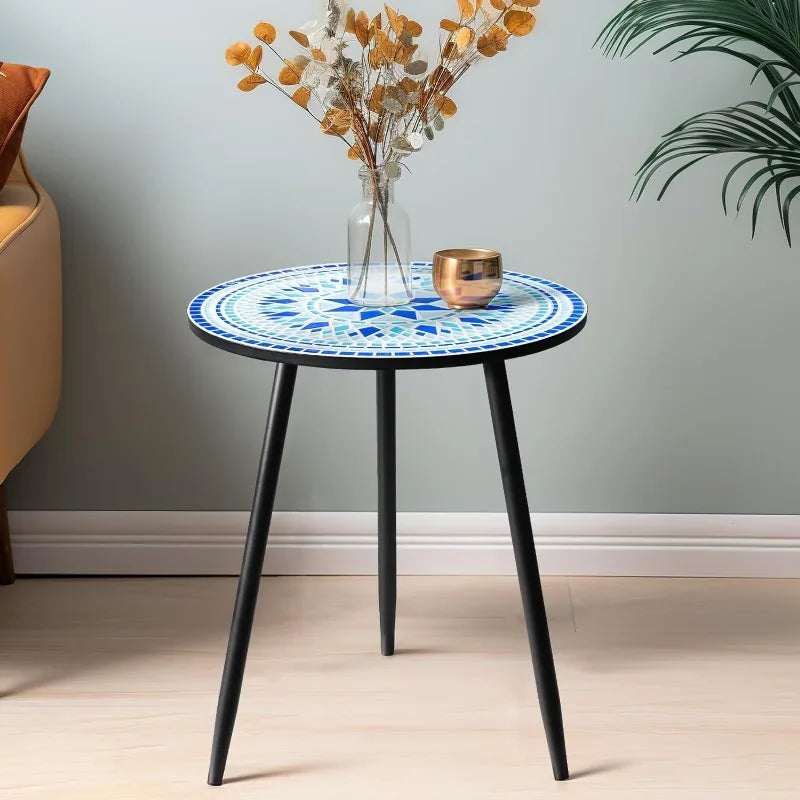 Round Side End Table, 16" Unique Relief Ceramic Tile Table Top with Metal Structure, Small Accent Coffee Tables