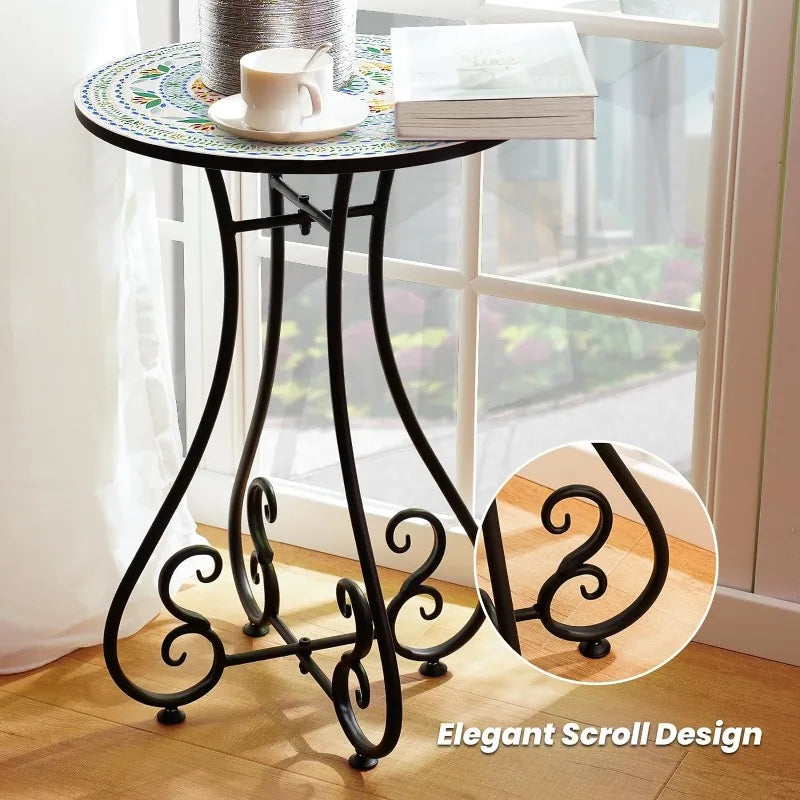 Round Side End Table, 16" Unique Relief Ceramic Tile Table Top with Metal Structure, Small Accent Coffee Tables