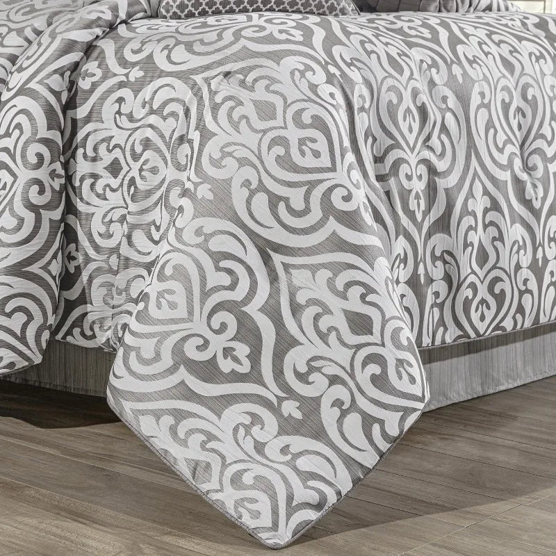 9-Piece Contemporary Jacquard Comforter Set, Luxury Damask Bedding Sets King, Ultra Soft Comforter with Euro Shams, Bedskirt