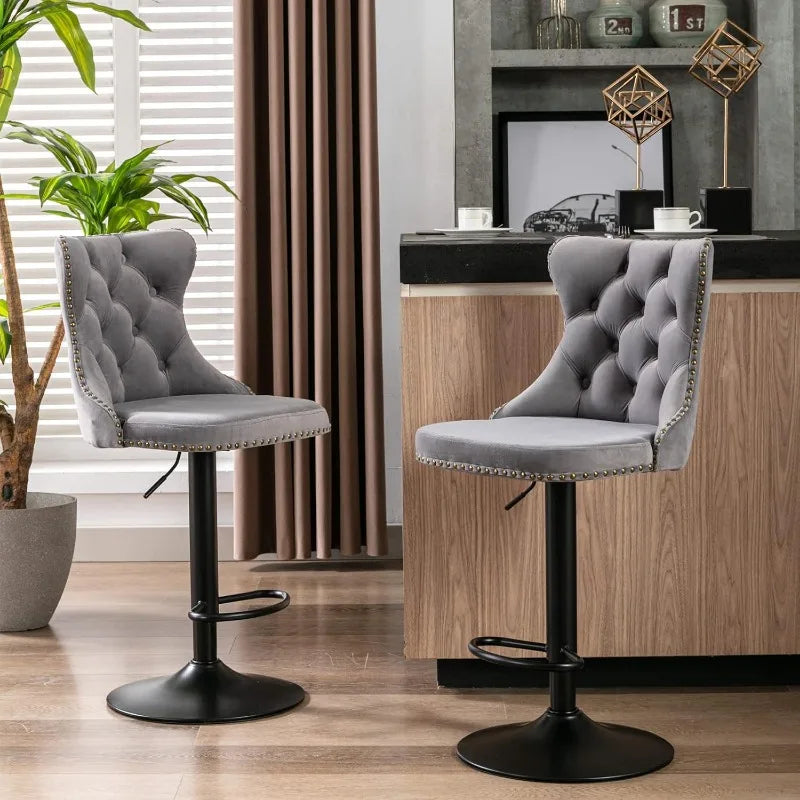 Swivel Bar Stools Set of 2, Adjustable Counter Height Barstools with Nailheads Trim, Button Tufted Back and Silver Footrest,