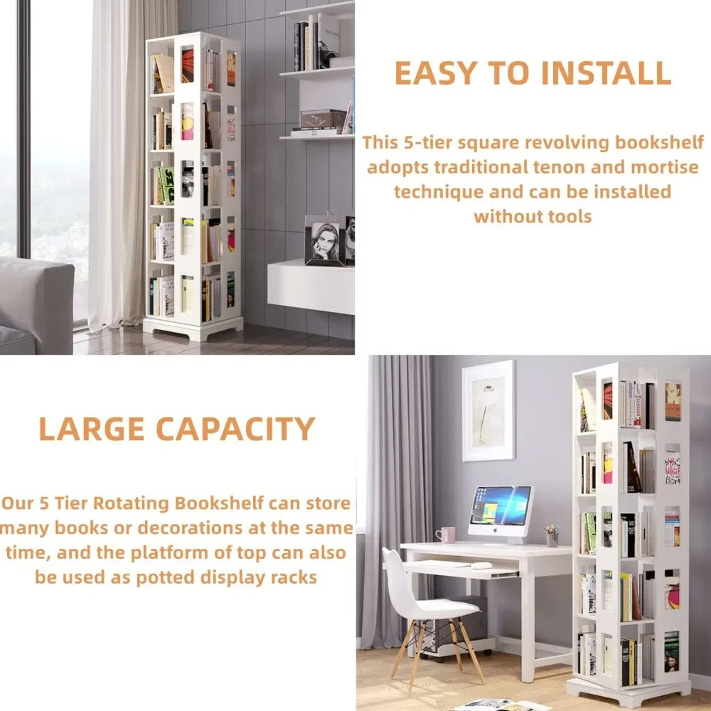 5 Tier 360° Rotating Square Floor Standing Bookcase/Display Rack 70"x18"x18"