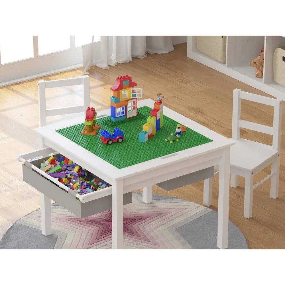 Wooden 2 in 1 Kids Construction Play Table; 2 Chair Set with Storage Drawers; and Built in Plate Compatible with Lego Table