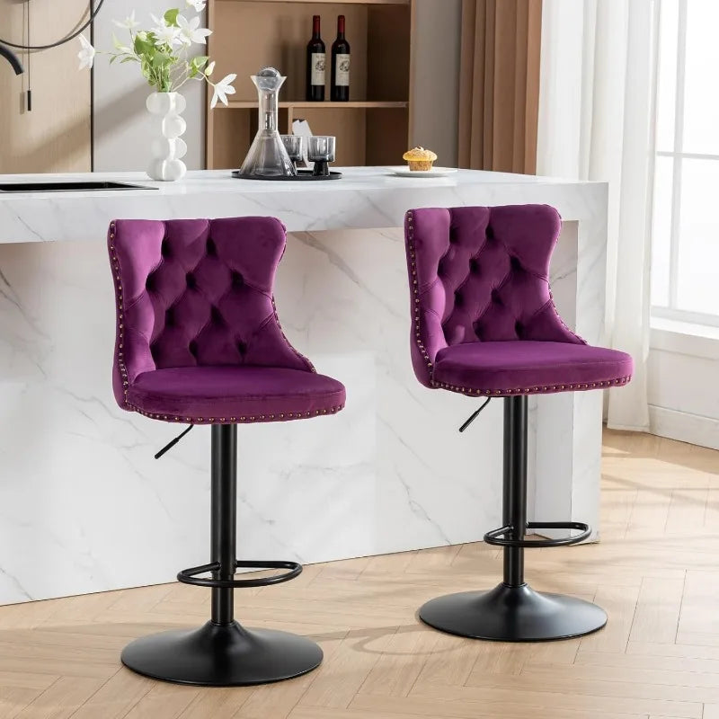 Swivel Bar Stools Set of 2, Adjustable Counter Height Barstools with Nailheads Trim, Button Tufted Back and Silver Footrest,