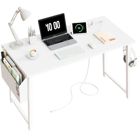 39 Inch White Computer Desk With Power Outlet Table