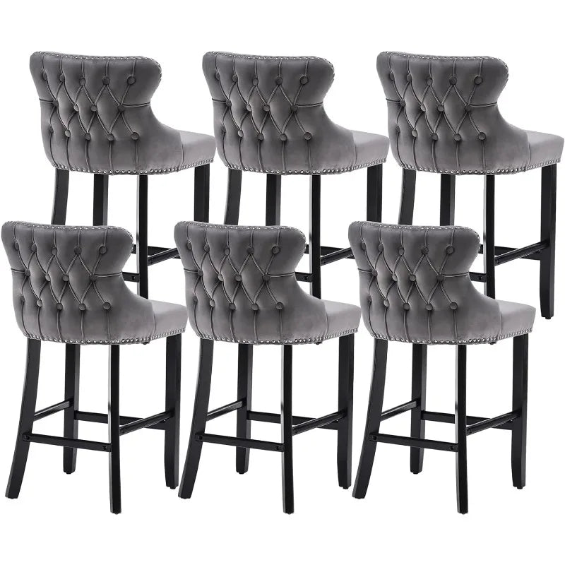 Bar Stools Set of 4 Counter Height, Velvet Upholstered Barstools with Solid Wood Legs, Button Tufted and Nailheads Trim