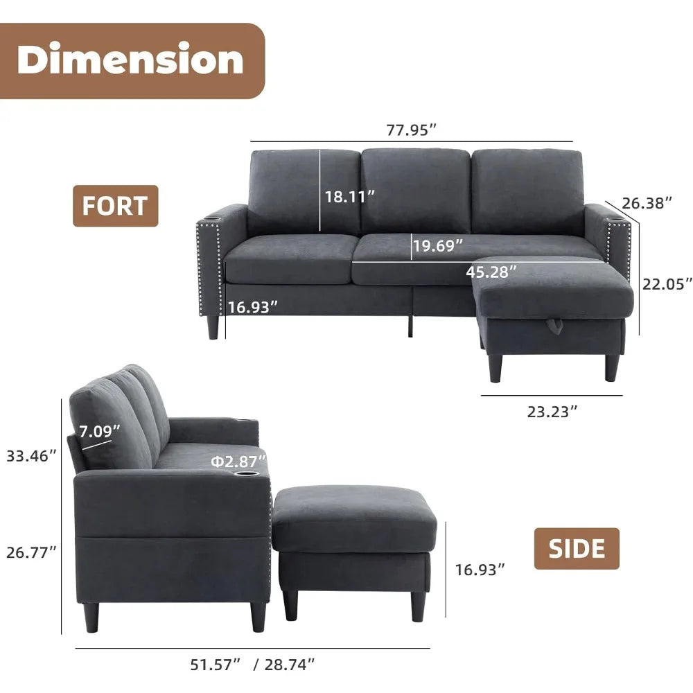 Convertible Sectional Couches for Living Room, L-Shaped Couch 3 Seats Sofas with Storage Chaise & 2 Cup Holders