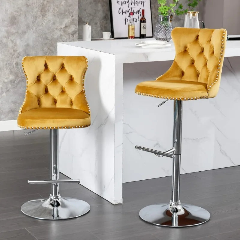 Swivel Bar Stools Set of 2, Adjustable Counter Height Barstools with Nailheads Trim, Button Tufted Back and Silver Footrest,