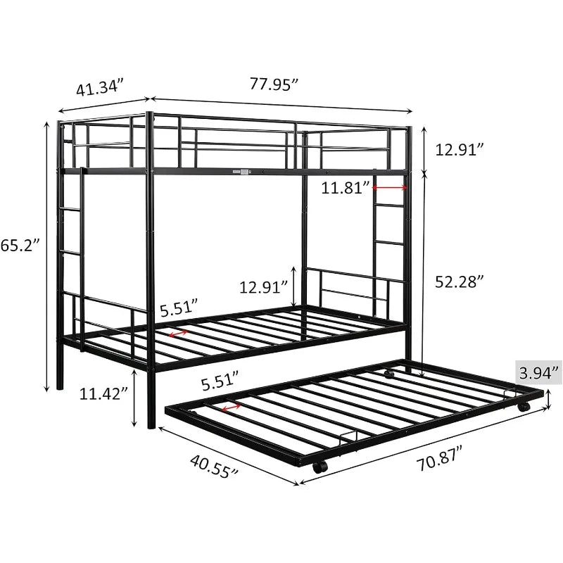 Metal Bunk Bed with Trundle Twin / Beds with Slats Heavy Duty Frame for Adults,/Teens