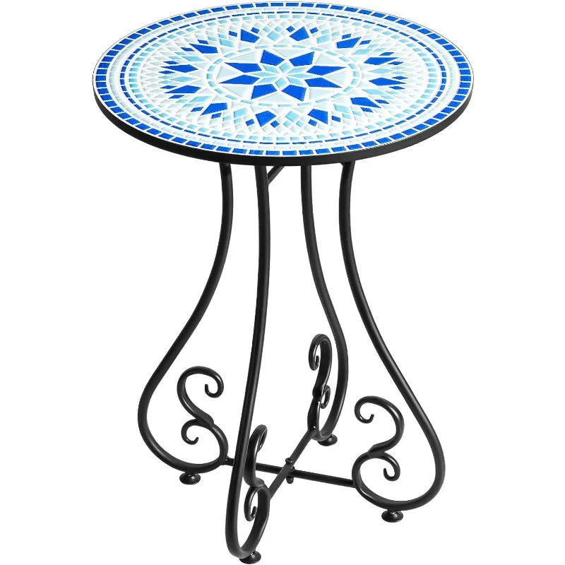 Round Side End Table, 16" Unique Relief Ceramic Tile Table Top with Metal Structure, Small Accent Coffee Tables