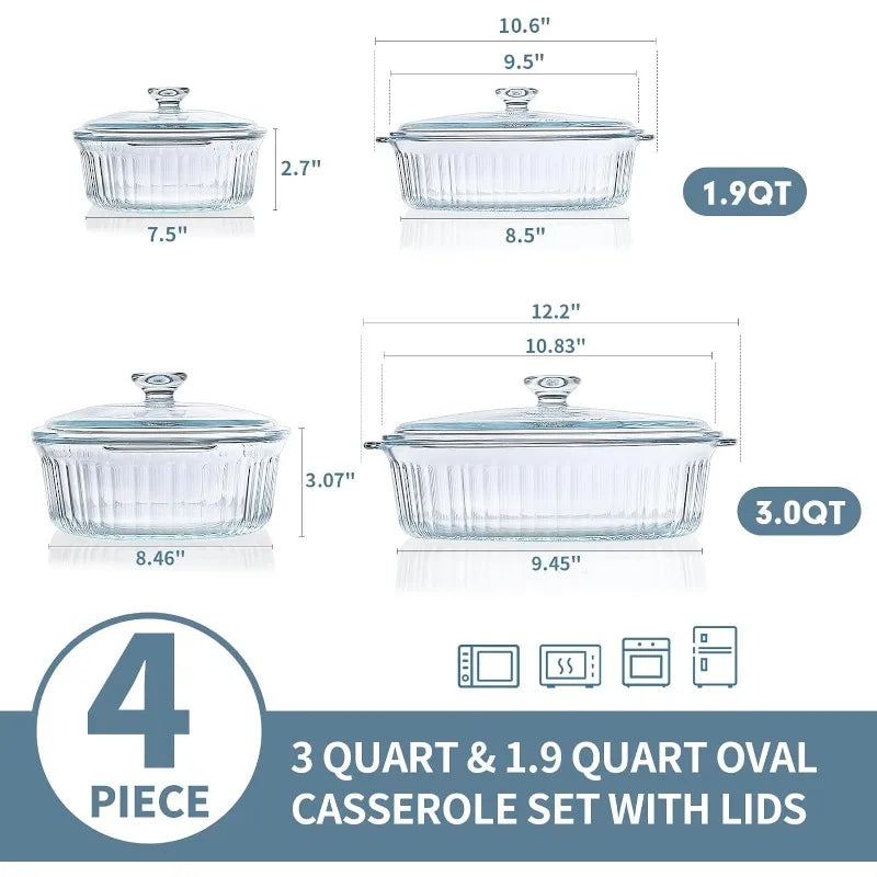 4-Piece Glass Casserole Baking Dish, Set of 2 Casseroles With Glass Lids, 1.9 Qt and 3 Qt