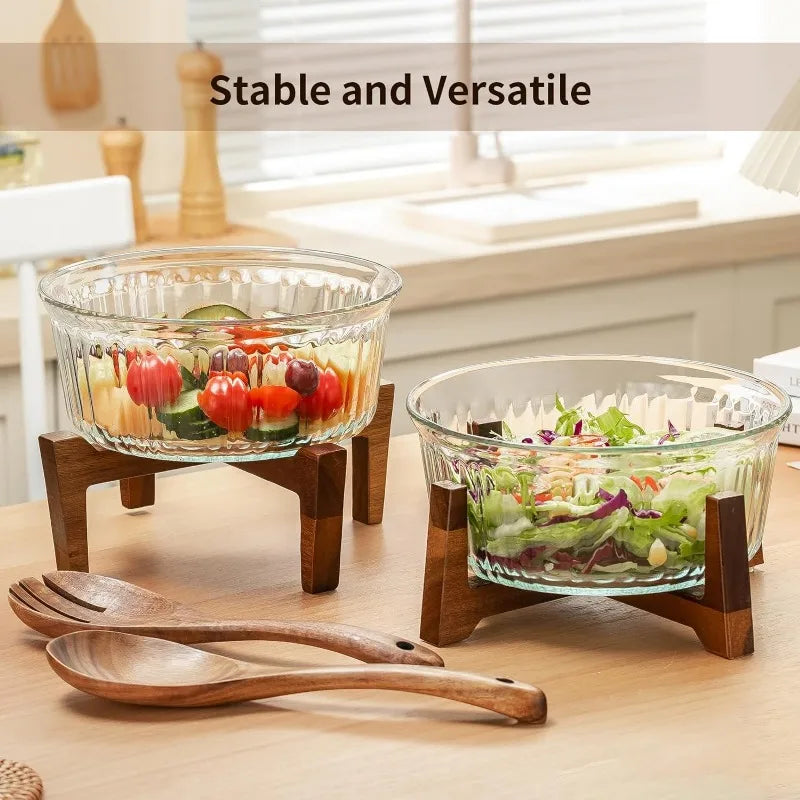 Large Glass Salad Bowl Set with Acacia Wood Base and Salad Serving Utensils Clear Borosilicate Glass Fruit Bowl and Trifle Bowl