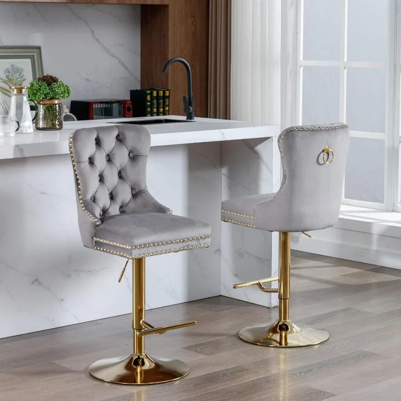 Swivel Bar Stools Set of 2, Adjustable Counter Height Barstools with Nailheads Trim, Button Tufted Back and Silver Footrest,