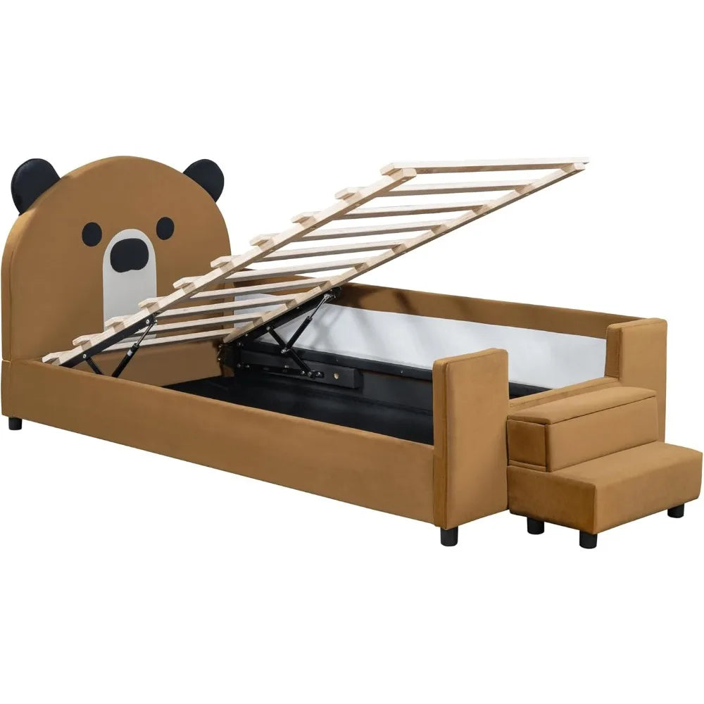 Twin Size Upholstered Bed Frame Daybed with Bear Shaped Headboard ,Hydraulic Storage System