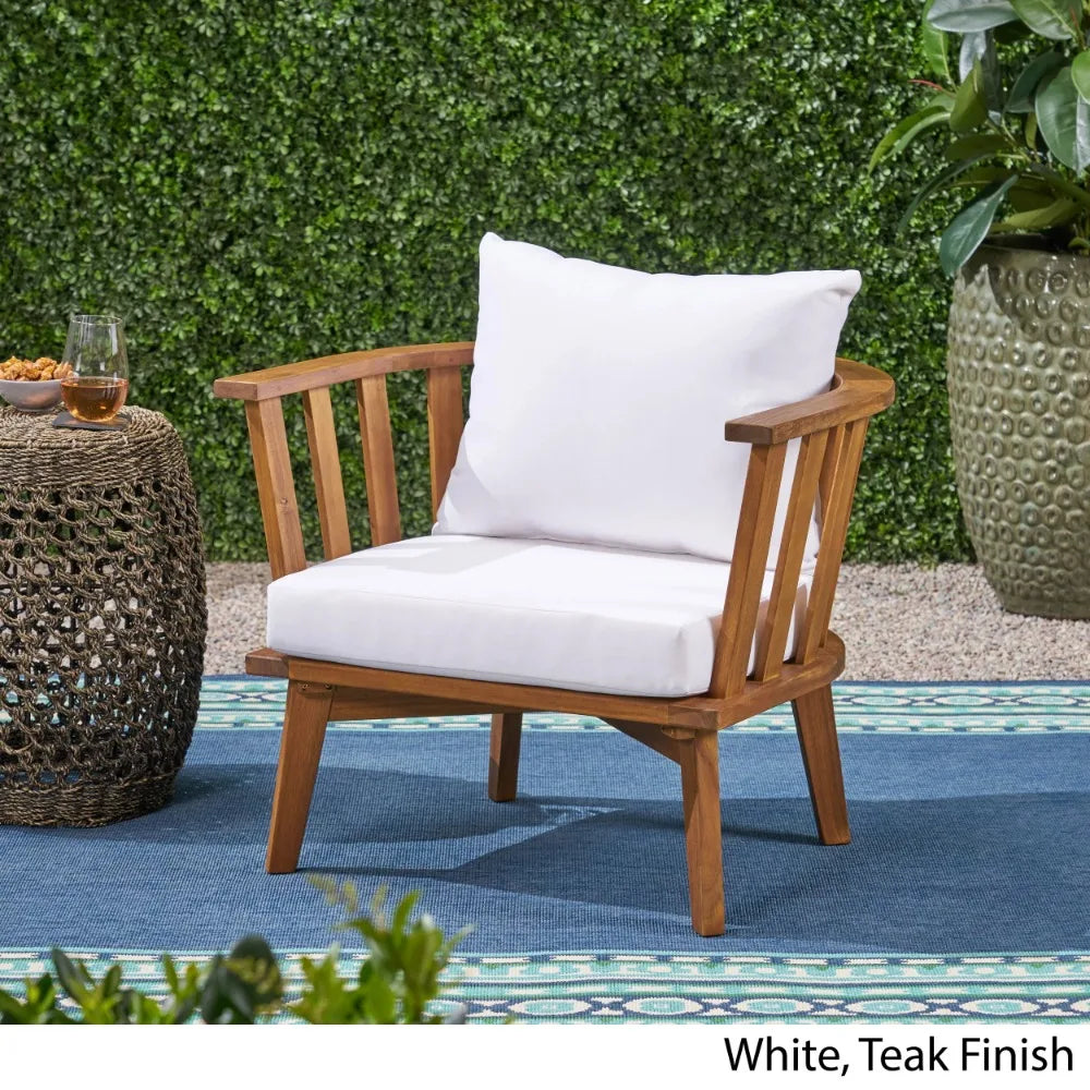 Milca Outdoor Acacia Wood Club Chair with Cushions, White and Teak Outdoor Chair Set