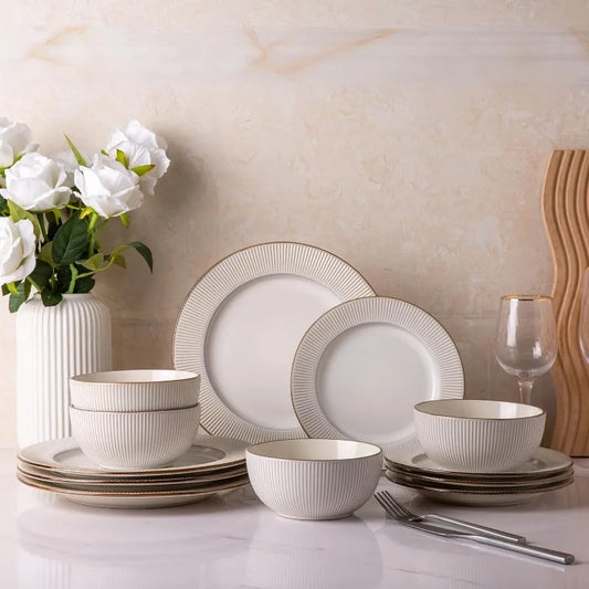 Ceramic Dinnerware Set; Embossed Elegant Stoneware Plates and Bowls