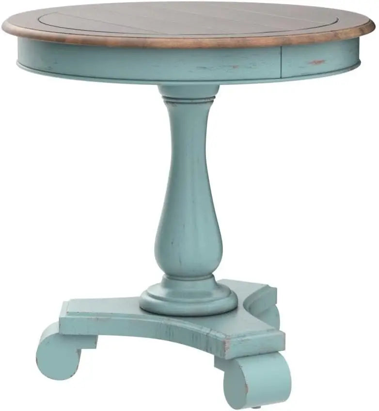 Farmhouse Round Accent Table, Teal & Brown