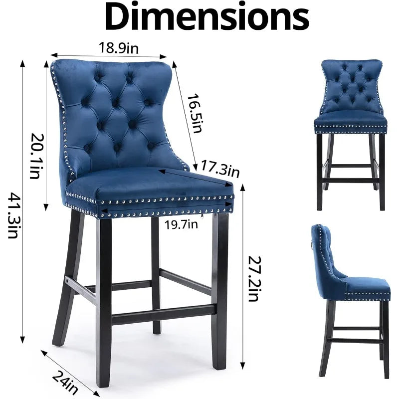 Bar Stools Set of 4 Counter Height, Velvet Upholstered Barstools with Solid Wood Legs, Button Tufted and Nailheads Trim