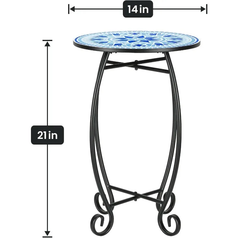 Round Side End Table, 16" Unique Relief Ceramic Tile Table Top with Metal Structure, Small Accent Coffee Tables