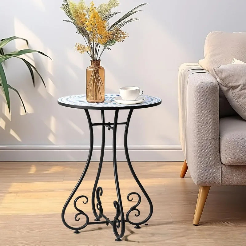 Round Side End Table, 16" Unique Relief Ceramic Tile Table Top with Metal Structure, Small Accent Coffee Tables