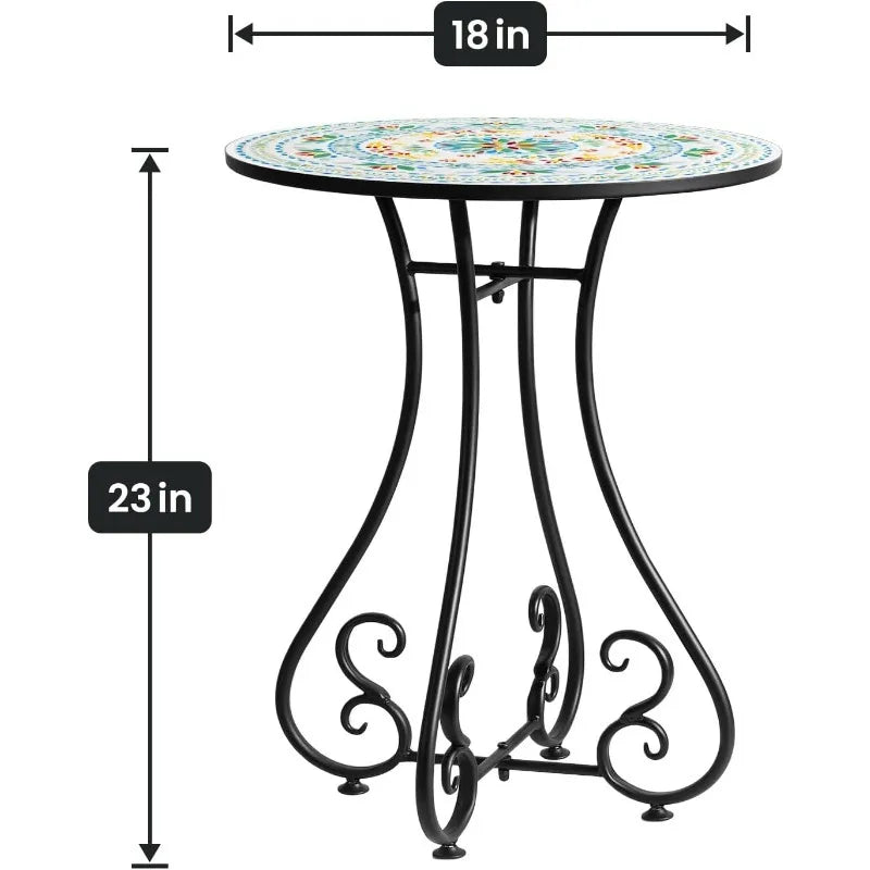 Round Side End Table, 16" Unique Relief Ceramic Tile Table Top with Metal Structure, Small Accent Coffee Tables