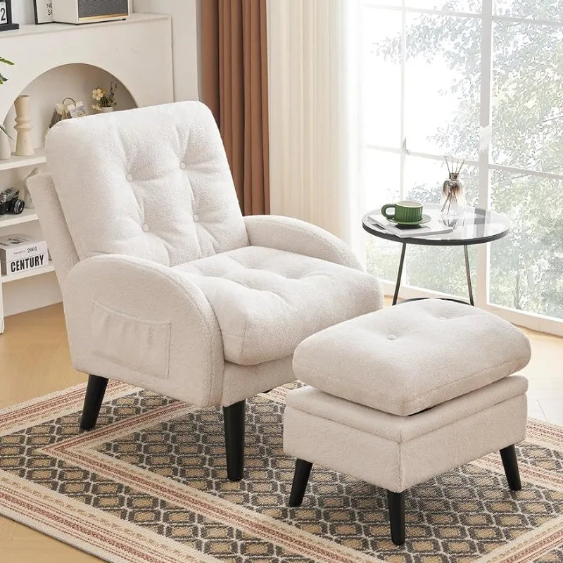 Accent Chair with Storage Ottoman,  Comfy Teddy Fabric  Adjustable Backrest & Side Pocket