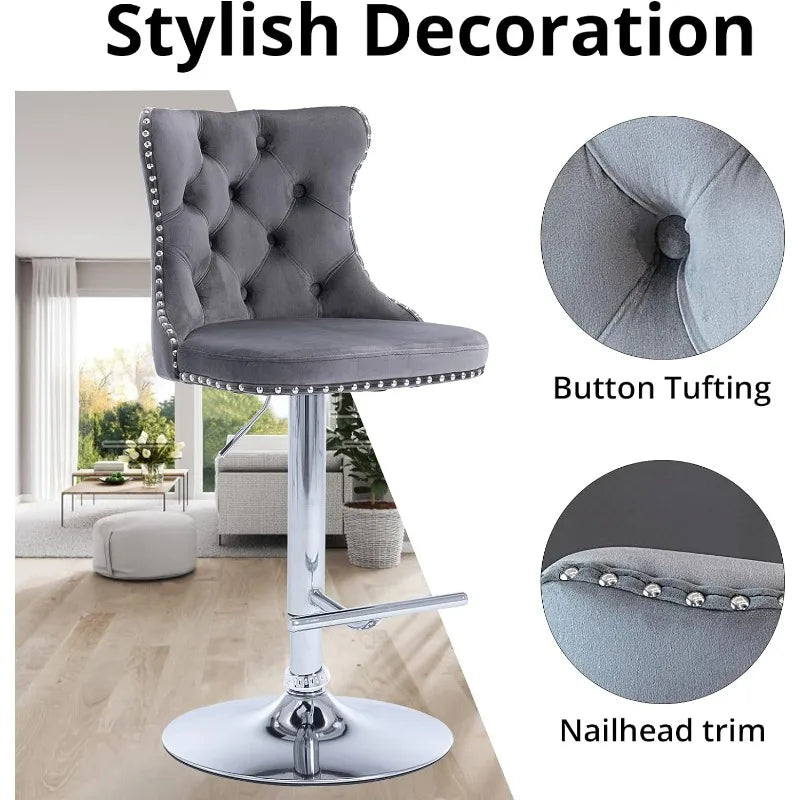 Swivel Bar Stools Set of 2, Adjustable Counter Height Barstools with Nailheads Trim, Button Tufted Back and Silver Footrest,