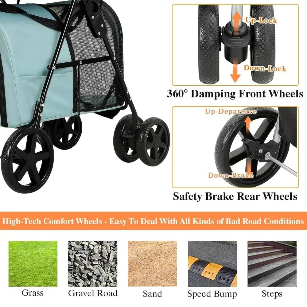 4-in-1 Double Pet Stroller for Dogs and Cats, 2 Detachable Carriers 4 Lockable Wheels Travel Cart, Collapsible