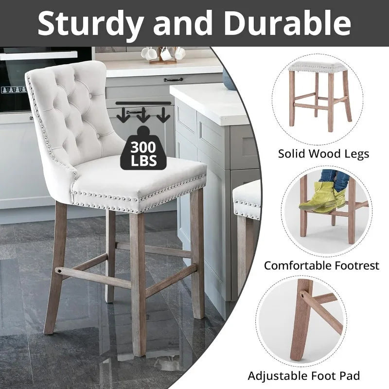 Bar Stools Set of 4 Counter Height, Velvet Upholstered Barstools with Solid Wood Legs, Button Tufted and Nailheads Trim