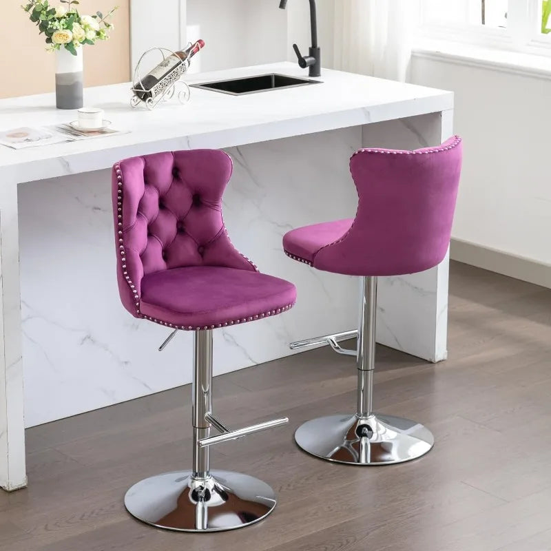 Swivel Bar Stools Set of 2, Adjustable Counter Height Barstools with Nailheads Trim, Button Tufted Back and Silver Footrest,