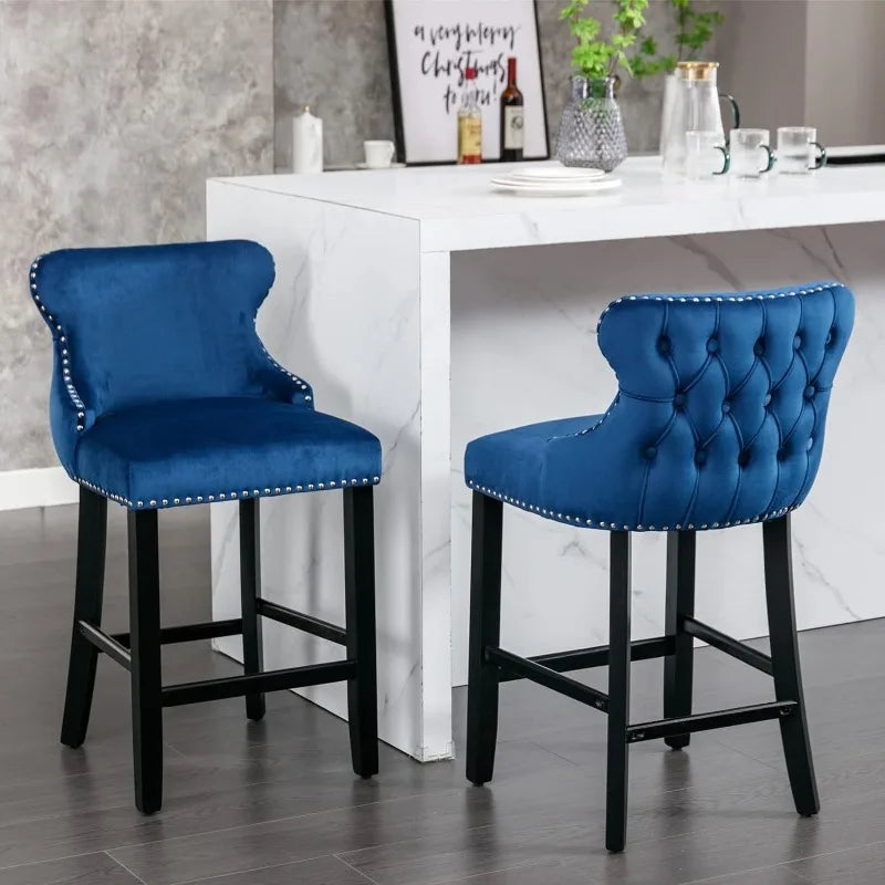 Bar Stools Set of 4 Counter Height, Velvet Upholstered Barstools with Solid Wood Legs, Button Tufted and Nailheads Trim