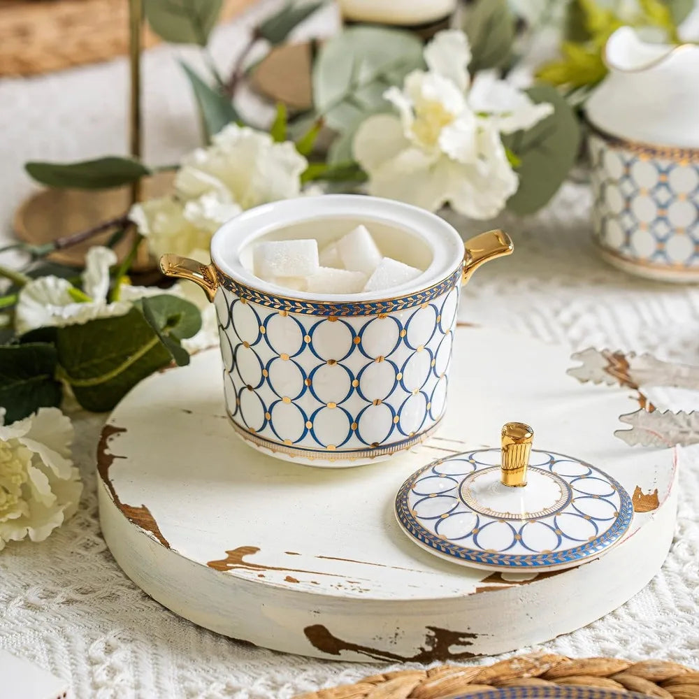 Bone China Tea Sets; Cups, Sugar Bowl ,Teapot ,Creamer Pitcher and Spoons