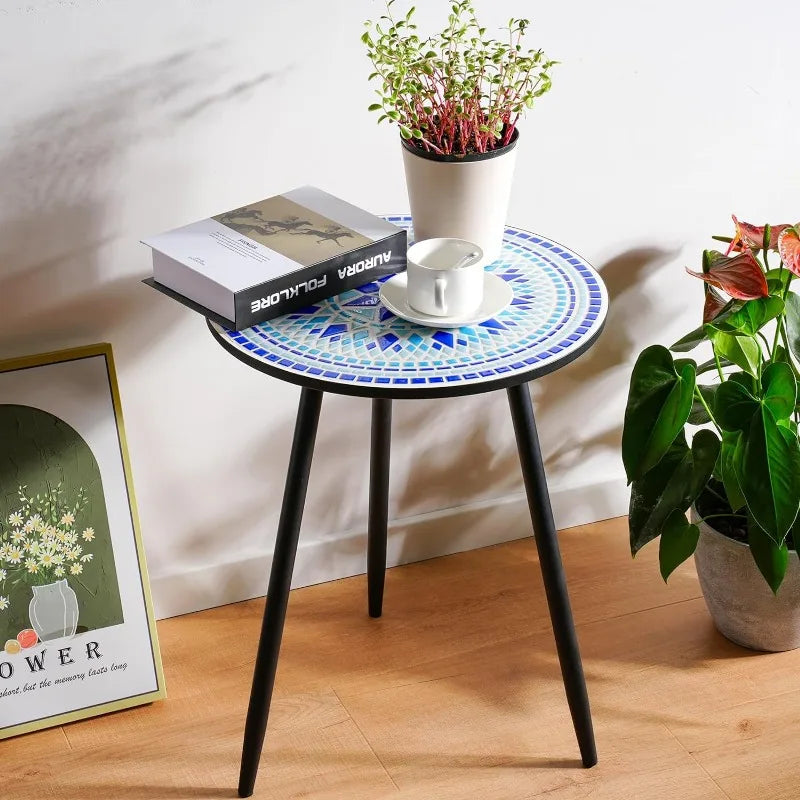 Round Side End Table, 16" Unique Relief Ceramic Tile Table Top with Metal Structure, Small Accent Coffee Tables