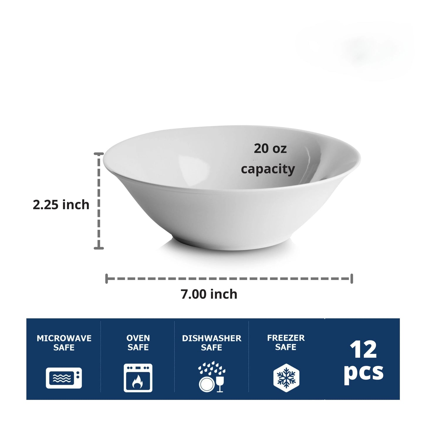 7" Catering Round Ceramic Cereal Bowl, Set of 12, White