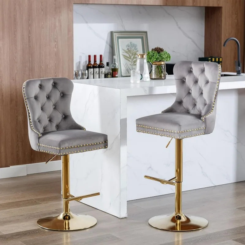 Swivel Bar Stools Set of 2, Adjustable Counter Height Barstools with Nailheads Trim, Button Tufted Back and Silver Footrest,