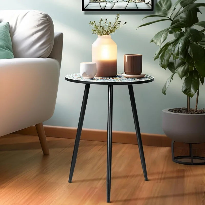 Round Side End Table, 16" Unique Relief Ceramic Tile Table Top with Metal Structure, Small Accent Coffee Tables