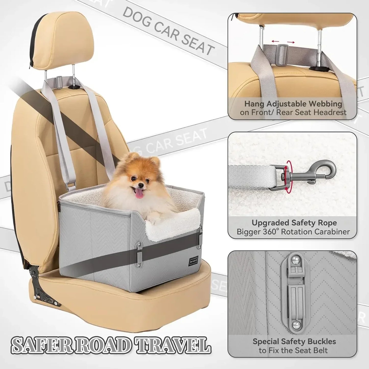 PETSFIT Dog Car Seats for Small Dogs, Portable Dog Booster seat for Car with Clip-On Leash, Adjustable Straps