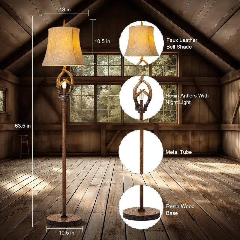 Rustic Farmhouse Antlers Floor Lamp with Nightlight Brown Finish Round Shade