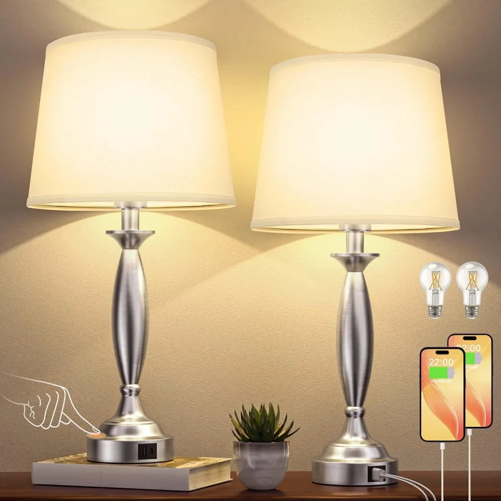 Brushed Nickel Touch Control Bedside Lamp with USB C+A, 3 Way Dimmable