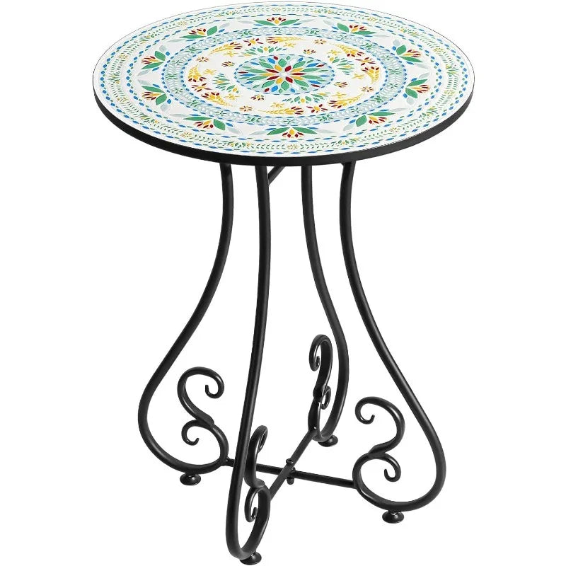 Round Side End Table, 16" Unique Relief Ceramic Tile Table Top with Metal Structure, Small Accent Coffee Tables