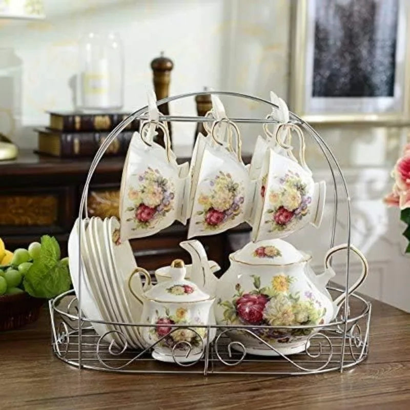 15 Piece European Ceramic Tea Sets,China Coffee Set with Metal Holder, White and Red Rose Flower Painting