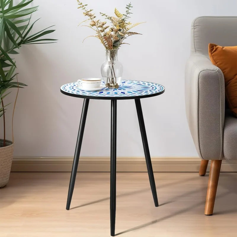 Round Side End Table, 16" Unique Relief Ceramic Tile Table Top with Metal Structure, Small Accent Coffee Tables