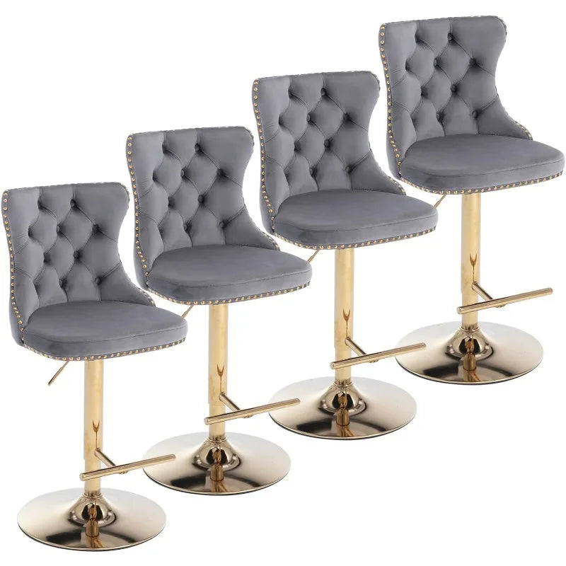 Swivel Bar Stools Set of 2, Adjustable Counter Height Barstools with Nailheads Trim, Button Tufted Back and Silver Footrest,