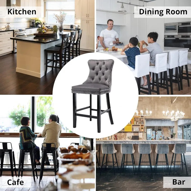 Bar Stools Set of 4 Counter Height, Velvet Upholstered Barstools with Solid Wood Legs, Button Tufted and Nailheads Trim