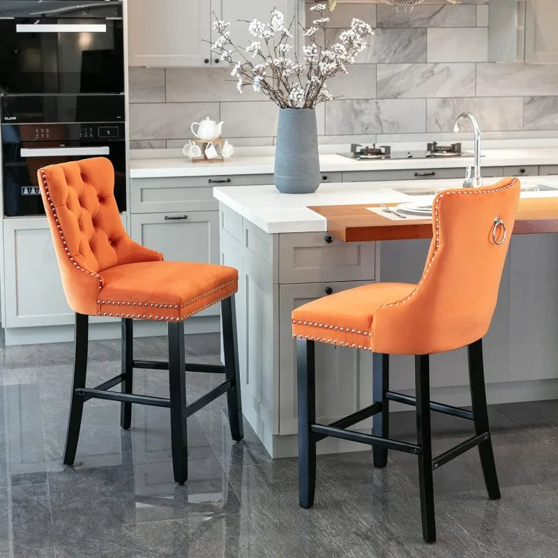 Bar Stools Set of 4 Counter Height, Velvet Upholstered Barstools with Solid Wood Legs, Button Tufted and Nailheads Trim