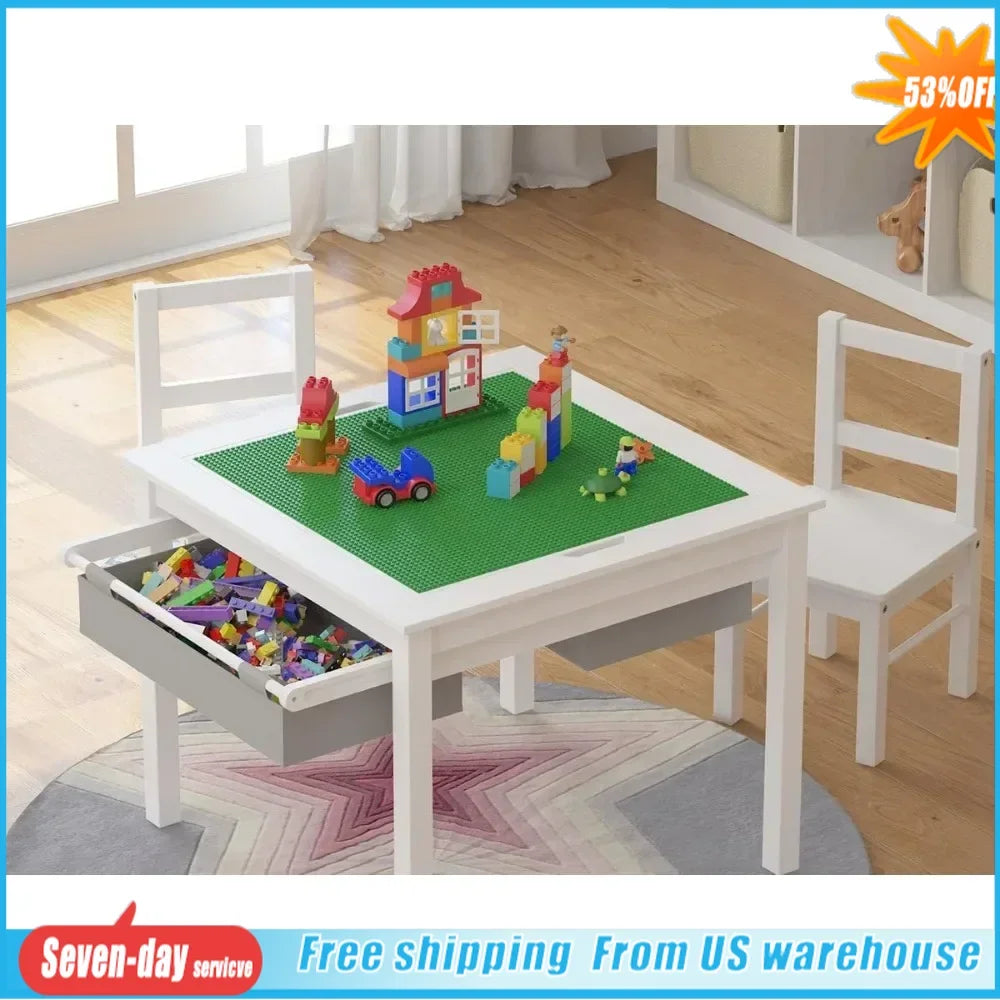 Wooden 2 in 1 Kids Construction Play Table; 2 Chair Set with Storage Drawers; and Built in Plate Compatible with Lego Table