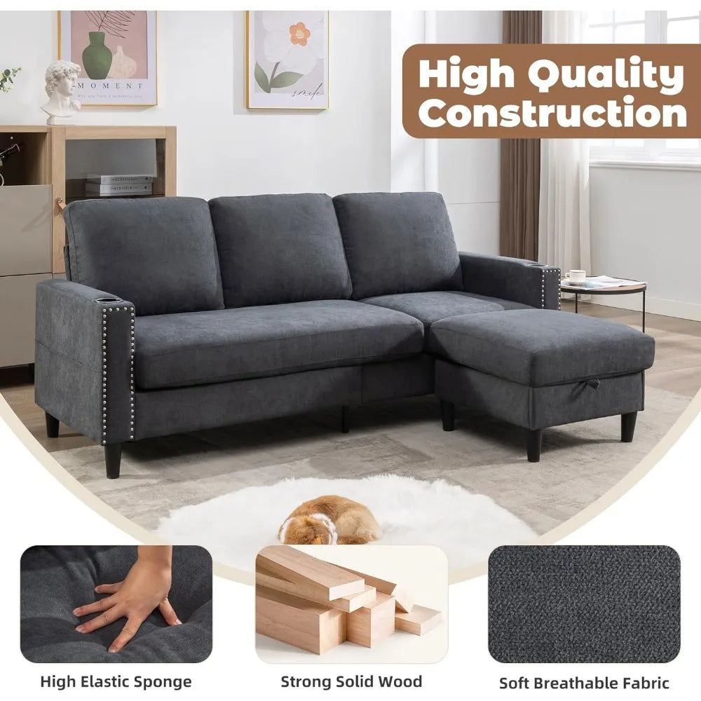 Convertible Sectional Couches for Living Room, L-Shaped Couch 3 Seats Sofas with Storage Chaise & 2 Cup Holders