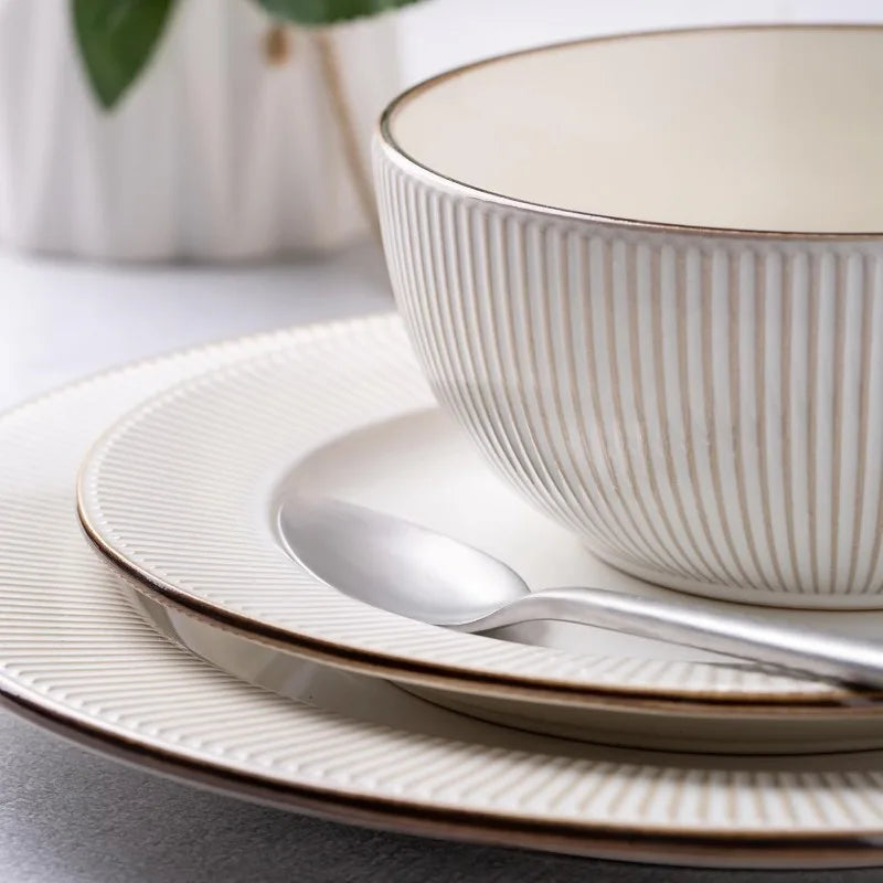 Ceramic Dinnerware Set; Embossed Elegant Stoneware Plates and Bowls