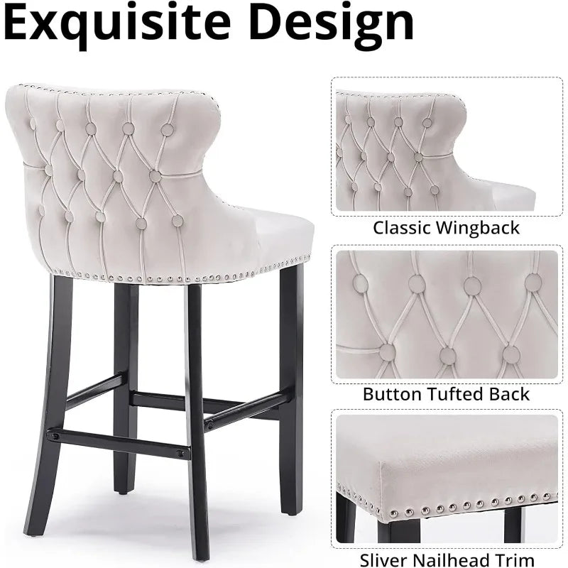 Bar Stools Set of 4 Counter Height, Velvet Upholstered Barstools with Solid Wood Legs, Button Tufted and Nailheads Trim