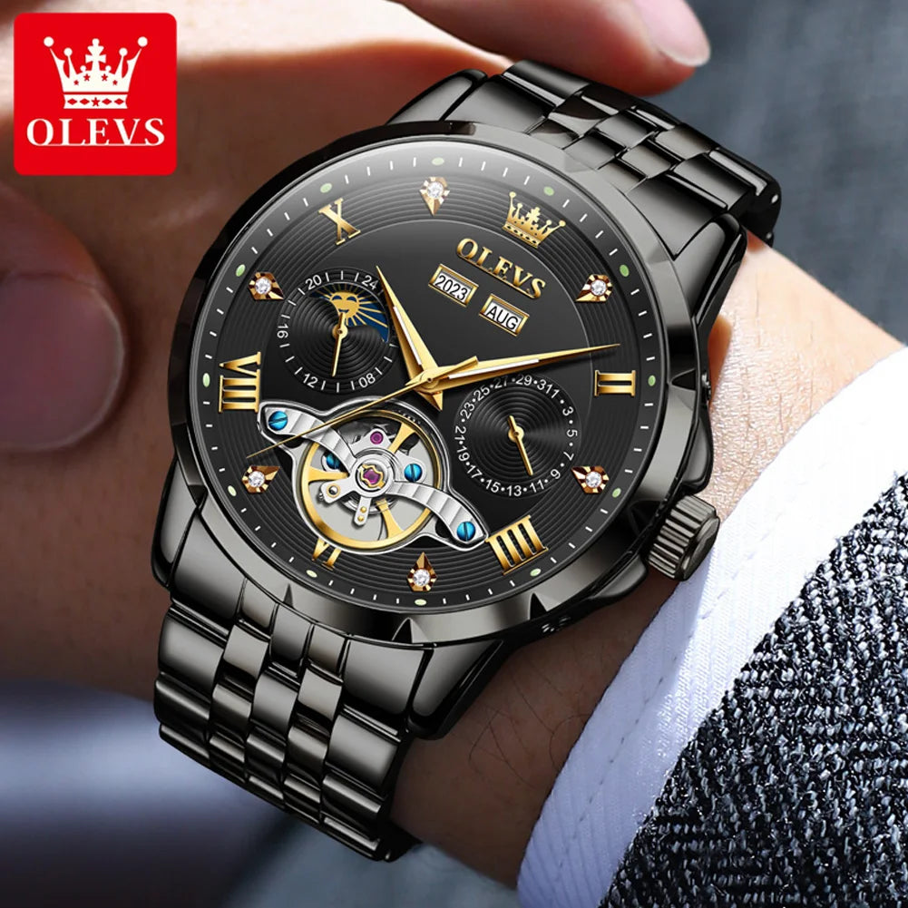 Men's Automatic Mechanical Wristwatch Luxury Skeleton Flywheel Design Moon Phase Waterproof Original Brand Man Watch