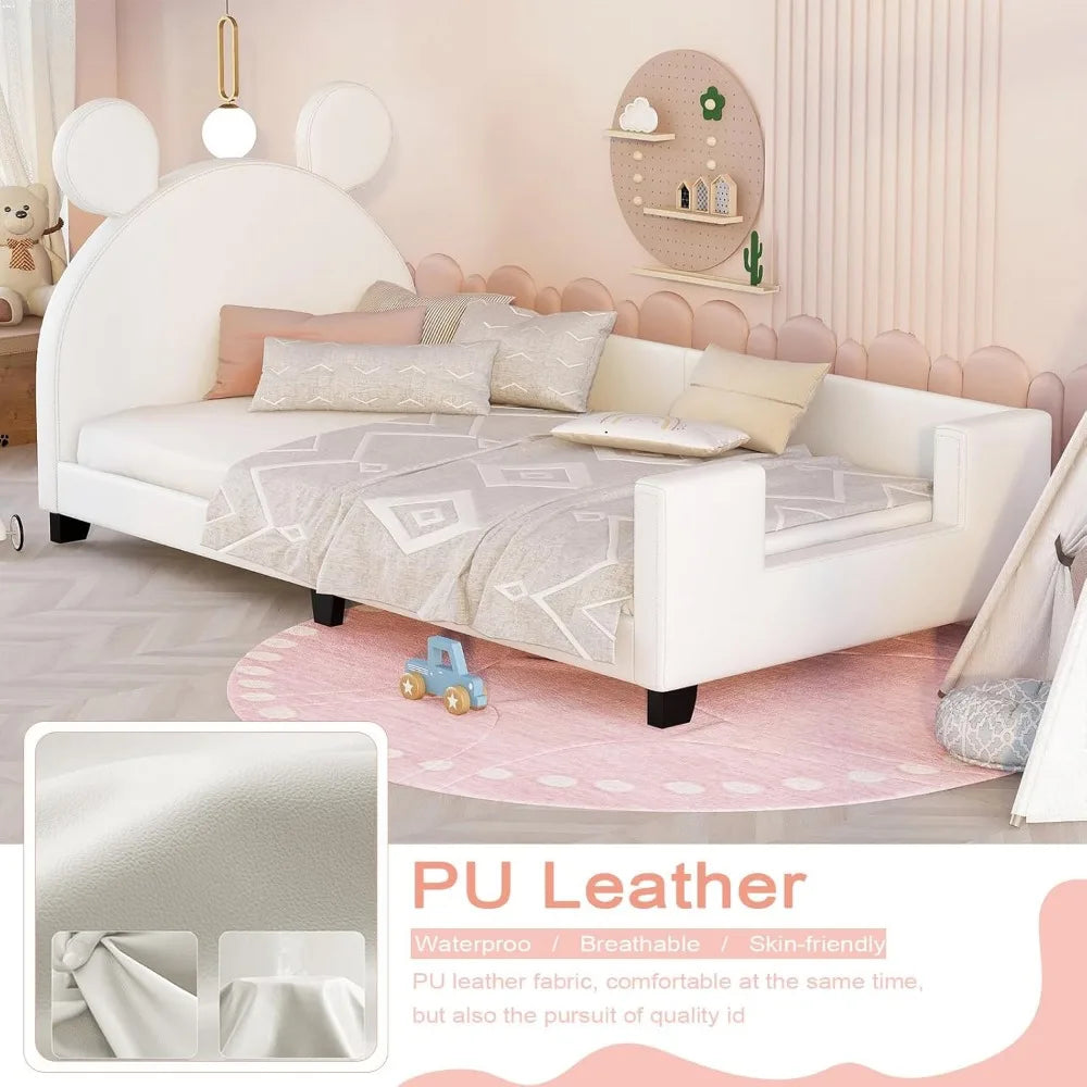 Upholstered Twin Size PU Leather Platform Bed with Carton Ears Shaped Headboard